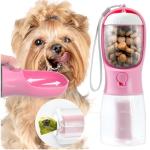 Portable Water Bottle for Small Dogs, 3 in 1 Pet Travel Bowl Dispenser with Food Treat Container & Poop Bag Holder, Summer Hiking Walking Accessories for Puppy On The Go - Pink, 10oz