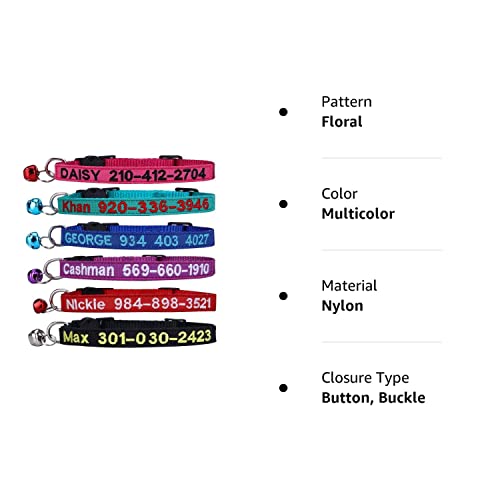 Personalized Embroidered Nylon Cat Collar with Bell