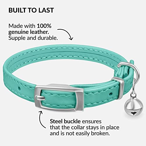 Mint Green Leather Cat Collar with Bell