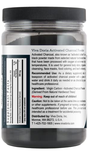 Viva Doria Virgin Activated Charcoal Powder, Hardwood Derived, Food Grade, 8 Oz