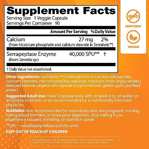 Doctor's Best Serrapeptase, Non-GMO, Vegan, Gluten Free, Supports Healthy Sinuses, 40,000 SPU,Capsule, 90 Count (Pack of 1)