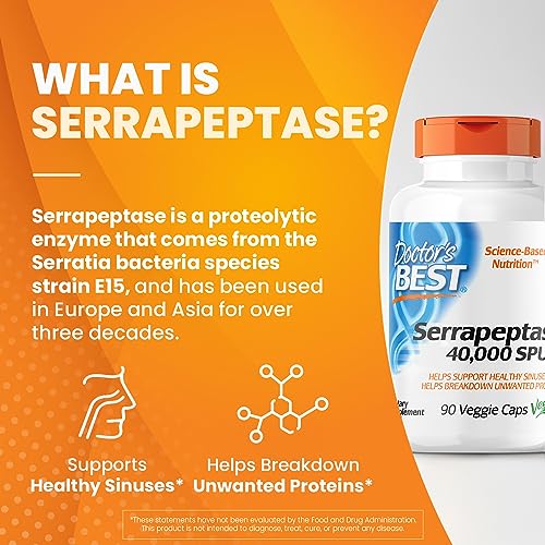 Doctor's Best Serrapeptase, Non-GMO, Vegan, Gluten Free, Supports Healthy Sinuses, 40,000 SPU,Capsule, 90 Count (Pack of 1)