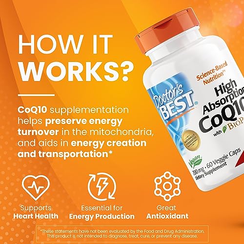 Doctor's Best High Absorption CoQ10 with BioPerine Gluten Free Naturally Fermented Vegan, Heart Health and Energy Production 200 mg 60 Veggie Caps, White