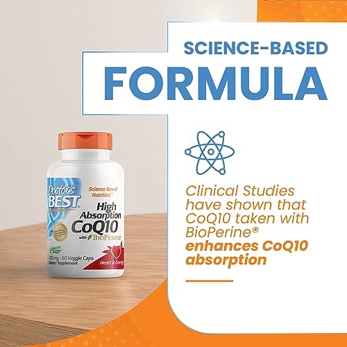 Doctor's Best High Absorption CoQ10 with BioPerine Gluten Free Naturally Fermented Vegan, Heart Health and Energy Production 200 mg 60 Veggie Caps, White