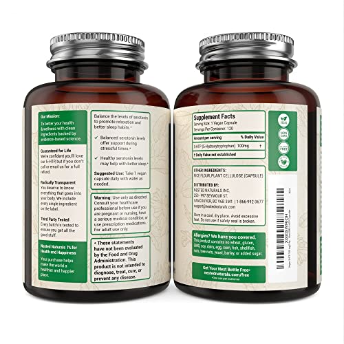 Vegan 5HTP 100 mg (5-hydroxytryptophan) | Sleep and Stress Support | Naturally Sourced Serotonin | 120 Non-GMO Capsules