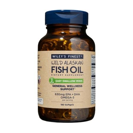 Wiley's Finest Wild Alaskan Fish Oil Easy Swallow Minis - Omega-3 Fish Oil Supplement for Adults and Kids - Double-Strength 630mg EPA and DHA Natural Supplement - 180 Mini Softgels (90 Servings)