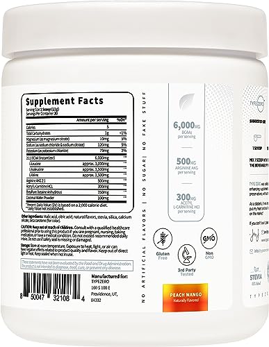 Ultra Clean Vegan BCAA Powder + Electrolytes (Peach Mango | 6G) 2:1:1 Sugar-Free/No Sucralose BCAAs Amino Acids Supplement for Women/Men - Best BCAA Vegan Amino Acids After Post Workout Recovery Drink