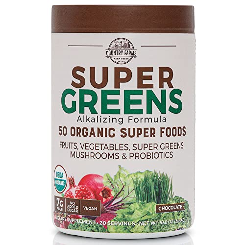 Country Farms Super Greens Flavor, 50 Organic Super Foods, USDA Organic Drink Mix, 20 Servings (Packaging May Vary), (N9880) Chocolate, 10.6 Oz