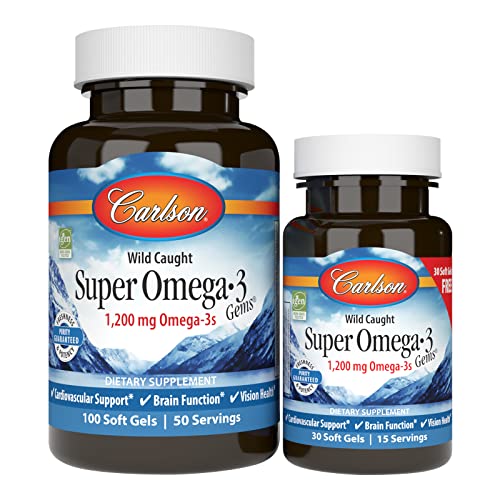 Carlson - Super Omega-3 Gems, 1200 mg Omega-3 Fatty Acids with EPA and DHA, Wild-Caught Norwegian Supplement, Sustainably Sourced Fish Oil Capsules, Omega 3 Supplements, 100+30 Softgels