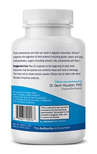 Houston Enzymes – TriEnza – 180 Capsules (90 Doses) – Broad-Spectrum Enzymes for Digestive Intolerances – Supports Digestion of Gluten, Casein, Soy, Proteins, Carbohydrates, Sugars, Fats & Polyphenols