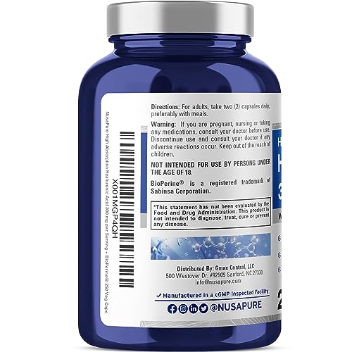 NusaPure Hyaluronic Acid 200mg 180 Veggie Capsules (Non-GMO & Gluten Free)