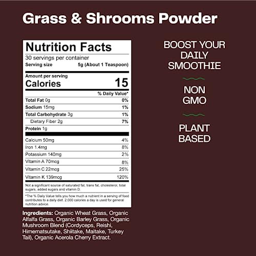 Amazing Grass Greens & Mushroom Powder Smoothie Mix: Super Greens Smoothie Booster with Cordyceps, Turkey Tail, Reishi & Shitake, 30 Servings