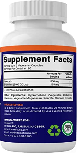 Vitamatic Quercetin with Bromelain - 120 Vegetarian Capsules - Supports Healthy Immune, Respiratory & Cardiovascular Function