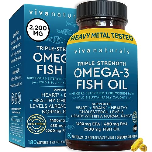 Viva Naturals Triple Strength Omega 3 Fish Oil Supplement - 2200 mg Wild Caught and Sustainably Sourced Fish Oil Vitamins with Omega 3 Fatty Acids Including EPA DHA, No Fish Burps, 180 Softgels