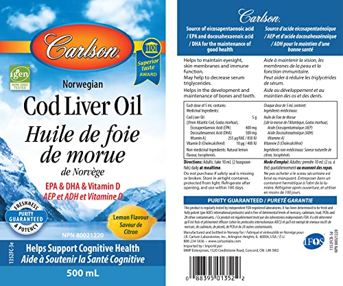 Carlson - 1100 mg Omega-3s, Liquid Fish Oil Supplement, Wild-Caught Norwegian Arctic Cod-Liver Oil, Sustainably Sourced Nordic Fish Oil Liquid, Lemon, 500 ml