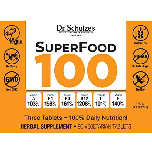 Dr. Schulze’s | SuperFood 100 | Vitamin & Mineral Herbal Concentrate | Dietary Supplement | Daily Nutrition & Increased Energy | Gluten-Free & Non-GMO | Vegan & Organic | 90 Tabs | Packaging May Vary