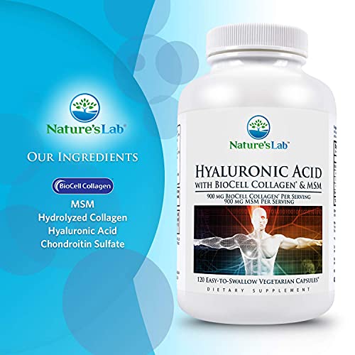 Nature's Lab Hyaluronic Acid with Biocell Collagen and MSM - Skin Hydration, Joint Health - 120 Capsules (40 Day Supply)