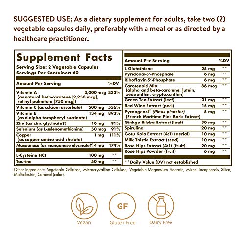 Solgar Advanced Antioxidant Formula, 120 Vegetable Caps - Full Spectrum Antioxidant Support - Contains Zinc, Vitamin C, E & A - Immune System Support - Vegan, Gluten Free, Dairy Free - 60 Servings