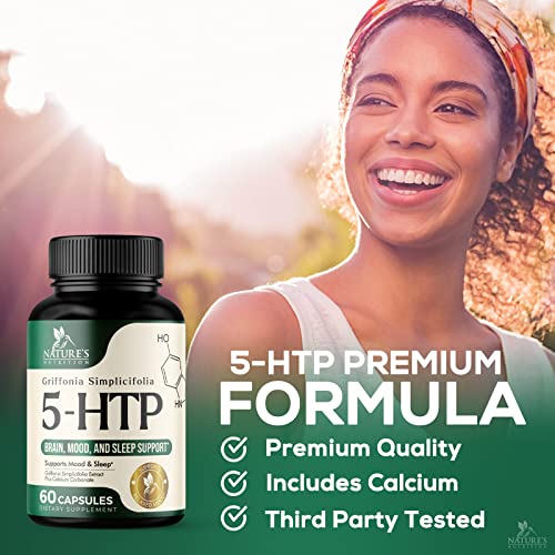 5-HTP 200mg Capsules - Extra Strength Support for Stress, 5-Hydroxytryptophan Supplement from Griffonia Simplificolia Seed Extract for Men and Women, Supports Mood - 60 Capsules