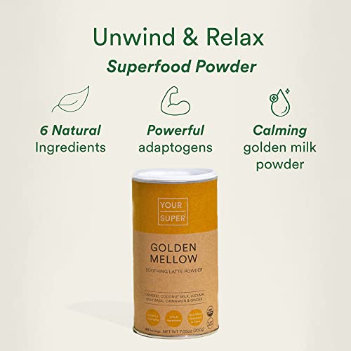 Your Super Golden Mellow Superfood Powder – Golden Milk Latte Mix for Natural Stress Relief, with Organic Ashwagandha, Lucuma, Cinnamon, Pepper, Turmeric & Ginger Powder (40 Servings)