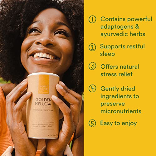 Your Super Golden Mellow Superfood Powder – Golden Milk Latte Mix for Natural Stress Relief, with Organic Ashwagandha, Lucuma, Cinnamon, Pepper, Turmeric & Ginger Powder (40 Servings)