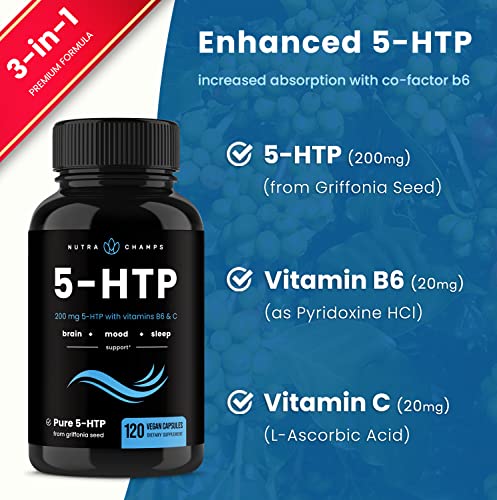 5-HTP 200mg | 120 Vegan Capsules | 5 HTP Supplement to Support Stress Relief, Brain Health, Enhanced Mood, Sleep & Serotonin | Pure 5HTP 100mg Pills Plus Co-Factors Vitamin B6 & Vitamin C