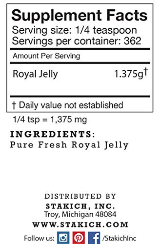 Stakich Fresh Royal Jelly - Pure, All Natural - No Additives or Preservatives Added - 16 Ounce (1 Pound)