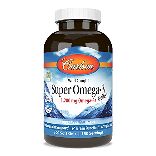 Carlson - Super Omega-3 Gems, 1200 mg Omega-3 Fatty Acids with EPA and DHA, Wild-Caught Norwegian Fish Oil Supplement, Sustainably Sourced Capsules 300 Softgels