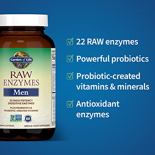 Garden of Life 22 Digestive Enzymes for Men with Bromelain, Papain & Lactase Plus Probiotics & Whole Food Vitamins B12, Biotin & Zinc – RAW Enzymes – Non-GMO, Gluten-Free, Vegetarian, 90 Capsules