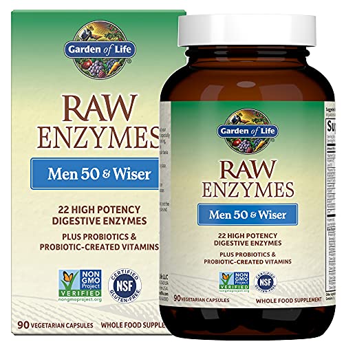 Garden of Life 22 Digestive Enzymes for Men 50 & Over with Bromelain, Papain & Lactase Plus Probiotics & Vitamins B12, Biotin & Zinc – RAW Enzymes – Non – GMO, Gluten-Free, Vegetarian, 90 Capsules