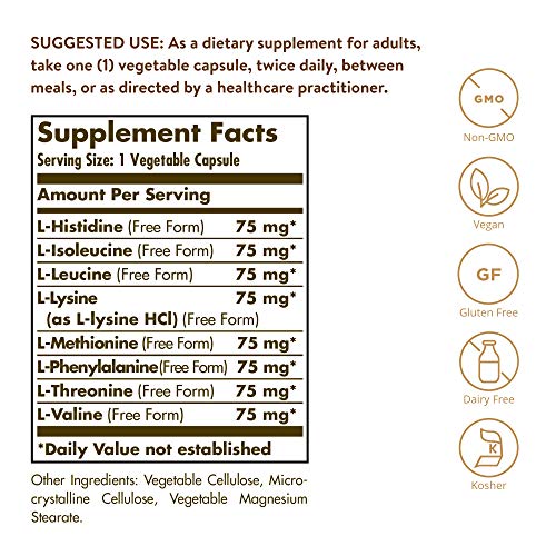 Solgar Essential Amino Complex, 60 Vegetable Capsules - Free Form Essential Amino Acids - Non-GMO, Vegan, Gluten Free, Dairy Free, Kosher - 60 Servings