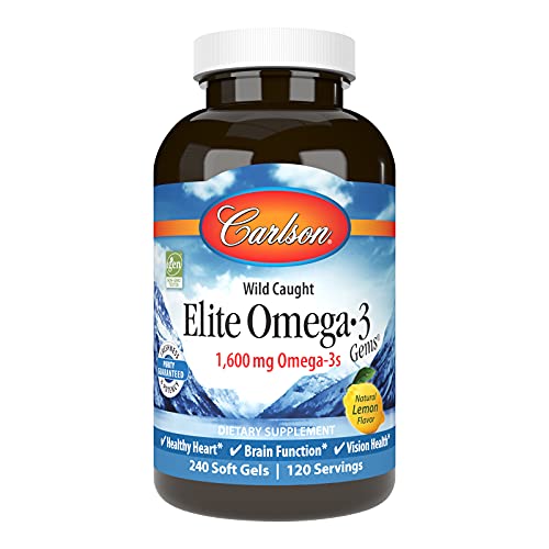 Carlson - Elite Omega-3 Gems, 1600 mg Omega-3 Fatty Acids Including EPA and DHA, Norwegian, Wild-Caught Fish Oil Supplement, Sustainably Sourced Omega 3 Fish Oil Capsules, Lemon, 240 Softgels