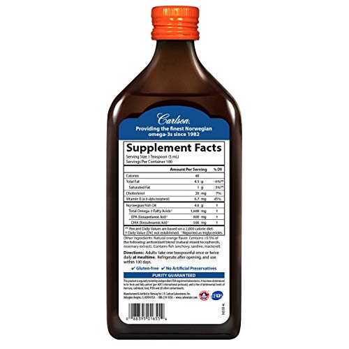 Carlson - The Very Finest Fish Oil, 1600 mg Omega-3s, Liquid Fish Oil Supplement, Norwegian Fish Oil, Wild-Caught, Sustainably Sourced Fish Oil Liquid, Orange, 16.9 Fl Oz