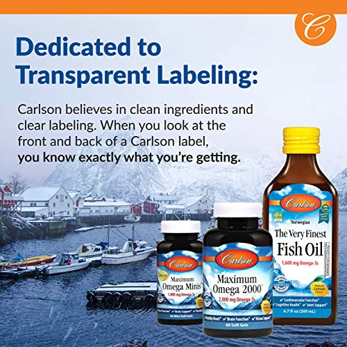Carlson - The Very Finest Fish Oil, 1600 mg Omega-3s, Liquid Fish Oil Supplement, Norwegian Fish Oil, Wild-Caught, Sustainably Sourced Fish Oil Liquid, Orange, 6.7 Fl Oz