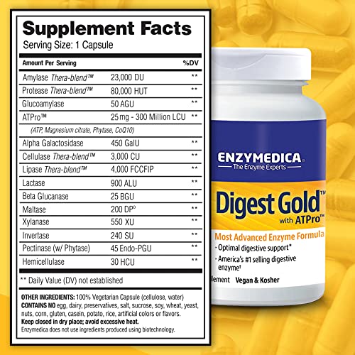 Enzymedica Digest Gold + ATPro, Maximum Strength Enzyme Formula, Prevents Bloating and Gas, 14 Key Enzymes Including Amylase, Protease, Lipase and Lactase, 90 Capsules