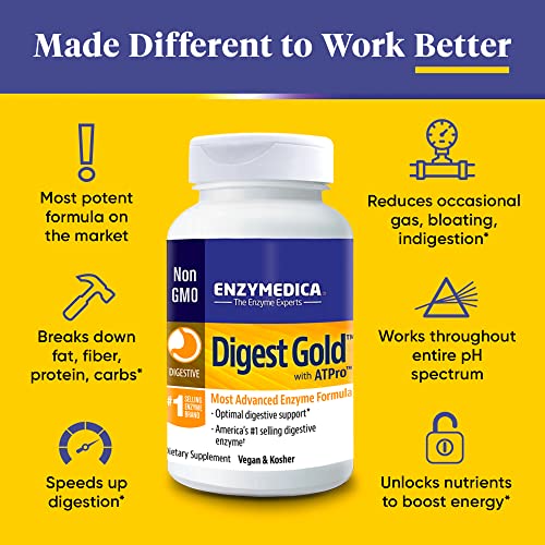 Enzymedica Digest Gold + ATPro, Maximum Strength Enzyme Formula, Prevents Bloating and Gas, 14 Key Enzymes Including Amylase, Protease, Lipase and Lactase, 45 Capsules