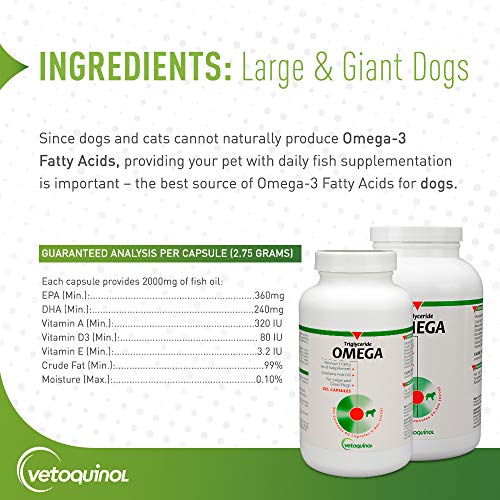 Vetoquinol Triglyceride Omega 3 Supplement for Large Dogs, Dog Fish Oil Supplement with EPA and DHA, Promotes Skin, Coat, Joint, and Immune Health, Omega 3 Fish Oil for Dogs 60lbs or More, 250ct