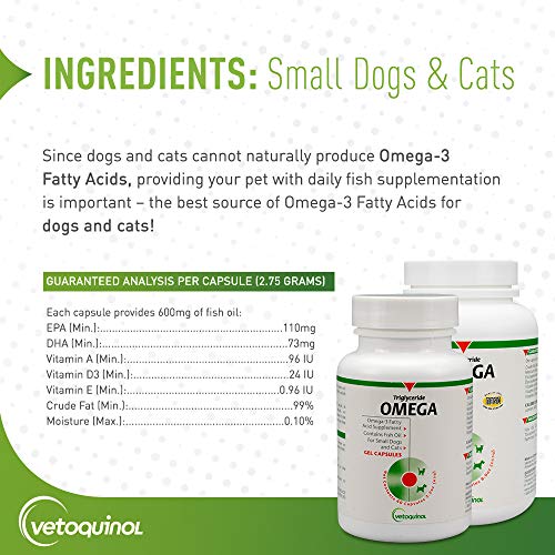 Vetoquinol Triglyceride Omega 3 Supplement for Dogs and Cats, Fish Oil Supplement with EPA and DHA, Promotes Skin, Coat, Joint, and Immune Health, Omega 3 Fish Oil for Dogs and Cats up to 30lbs, 60ct