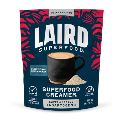 Laird Superfood Non-Dairy Coconut Powder Creamer - Sweet & Creamy + Adaptogens - Superfood Creamer with Functional Mushrooms - Non-GMO, Vegan, 16 oz. Bag, Pack of 1