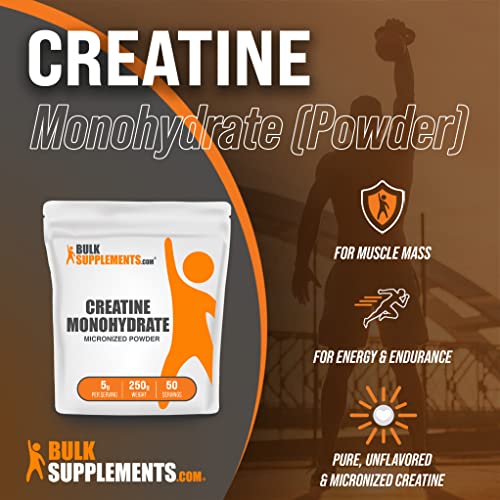 BULKSUPPLEMENTS.COM Creatine Monohydrate Powder - Micronized Creatine Monohydrate - Creatine Micronized Powder - 5g (5000mg) of Creatine Powder per Serving, Gluten Free (250 Grams - 8.8 oz)