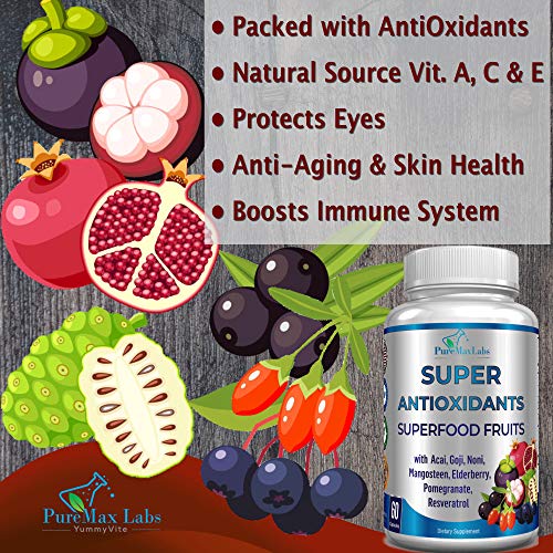 Super Antioxidant Fruit Superfood Complex - Powerful Antioxidant Superfruits, Acai, Goji, Noni, Mangosteen, Pomegranate, Elderberry, Resveratrol, Immune Support, Skin Care - 60 Capsules