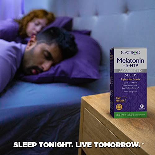 Natrol Melatonin + 5 HTP Advanced Sleep Time Release Bi-Layer Tablets, Triple-Action Formula, Calm The Mind, Helps You Fall Asleep Faster, Stay Asleep Longer, 100% Drug-Free, 6mg, 60 Count