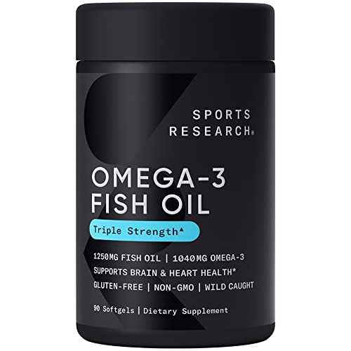 Sports Research Triple Strength Omega 3 Fish Oil - Burpless Fish Oil Supplement w/EPA & DHA Fatty Acids from Wild Alaskan Pollock - Heart, Brain & Immune Support for Men & Women - 1250 mg, 90 ct