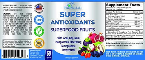 Super Antioxidant Fruit Superfood Complex - Powerful Antioxidant Superfruits, Acai, Goji, Noni, Mangosteen, Pomegranate, Elderberry, Resveratrol, Immune Support, Skin Care - 60 Capsules