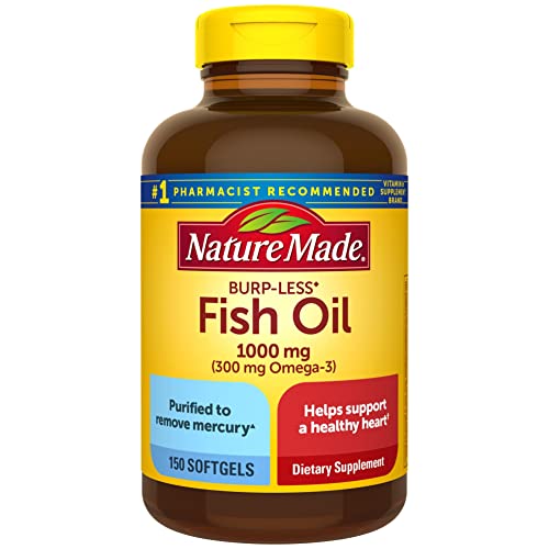Nature Made Burp Less Fish Oil 1000 mg Softgels, Omega 3 Fish Oil for Healthy Heart Support, Omega 3 Supplement with 150 Softgels, 75 Day Supply