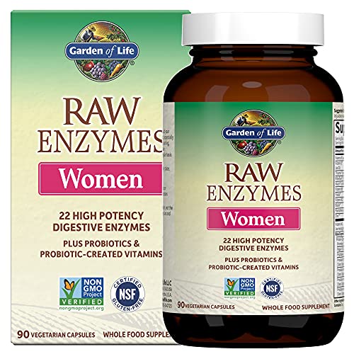 Garden of Life 22 Digestive Enzymes for Women with Bromelain, Papain, Lipase & Lactase Plus Probiotics & Vitamins B12, Biotin & Zinc – RAW Enzymes – Non-GMO, Gluten-Free, Vegetarian, 90 Capsules