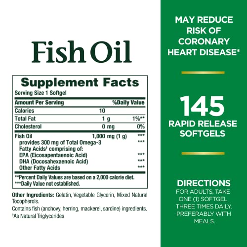 Nature’s Bounty Fish Oil, Supports Heart Health, 1000mg, Rapid Release Softgels, 145 Ct