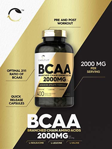 Carlyle BCAA Amino Acids | 2000mg | 400 BCAA Capsules | Non-GMO, Gluten Free Branch Chain Amino Acids Supplements
