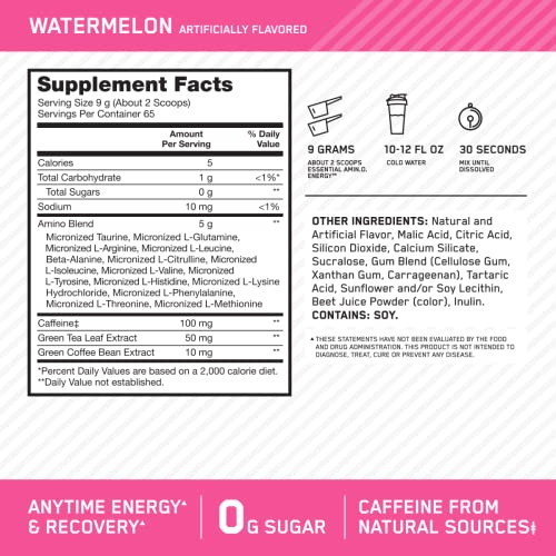 Optimum Nutrition Amino Energy - Pre Workout with Green Tea, BCAA, Amino Acids, Keto Friendly, Green Coffee Extract, Energy Powder - Watermelon, 65 Servings