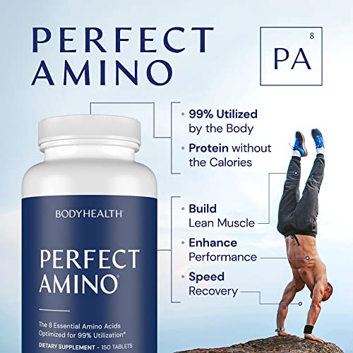 BodyHealth PerfectAmino Tablets, (3-Pack) All 8 Essential Amino Acids with BCAAs + Lysine, Phenylalanine, Threonine, Methionine, Tryptophan, Supplement for Muscle Mass Production, Recovery & Strength